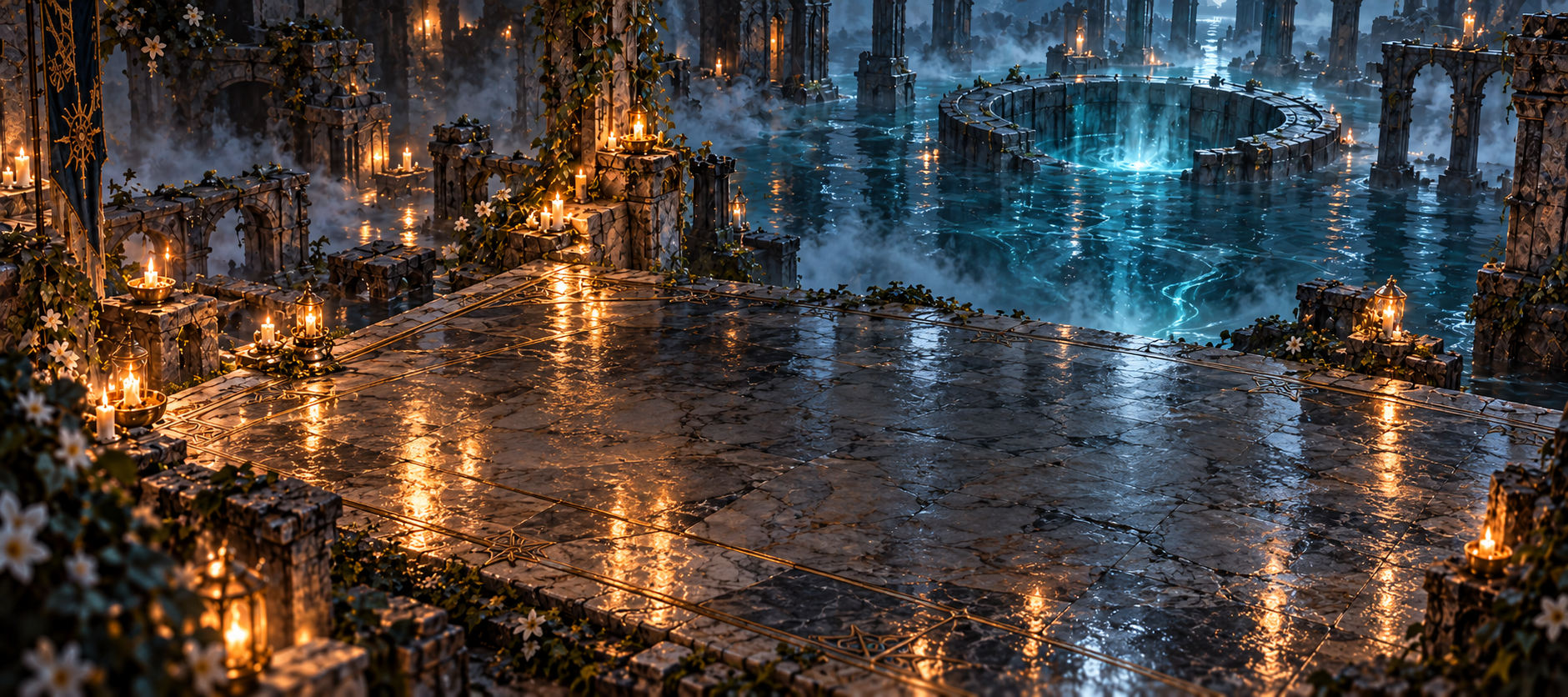 Riftbound sanctuary: warm lanterns beside the dark reflecting Well