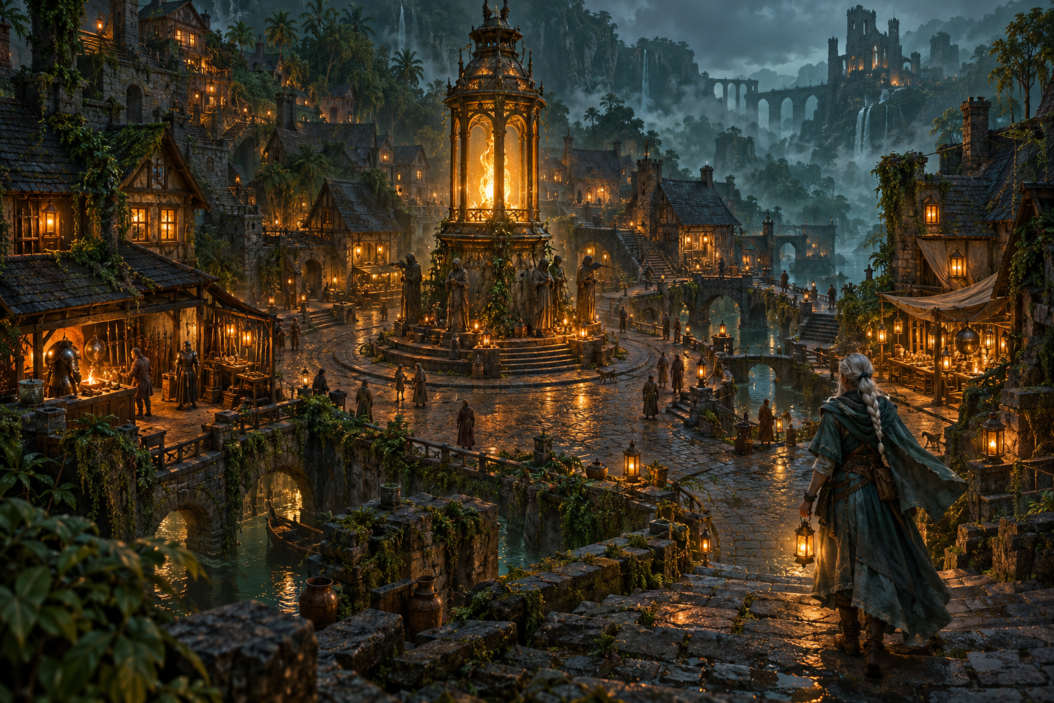 Concept painting of Last Wick: a towering amber lantern above a misty village of timber houses, jungle and canals.
