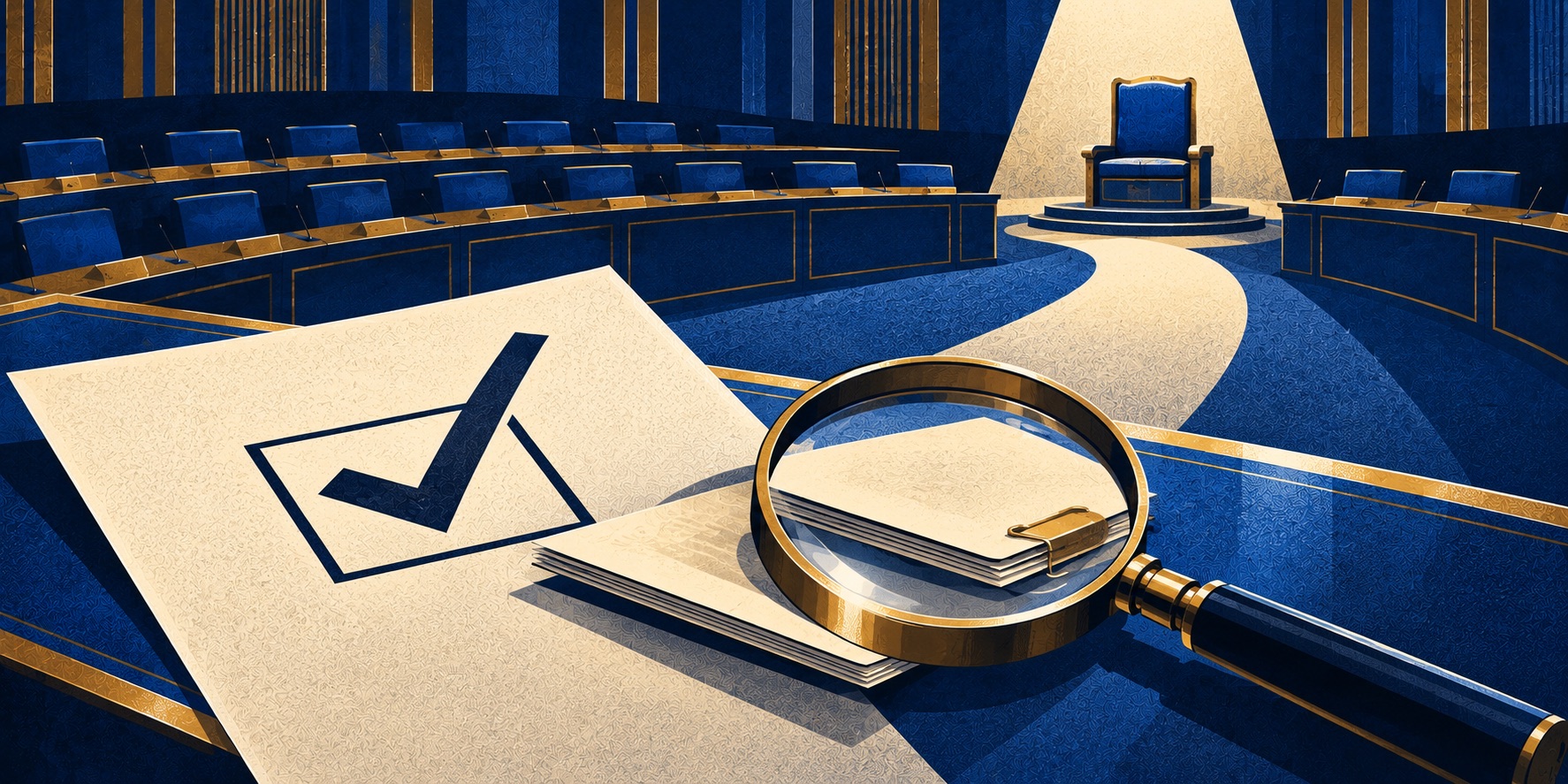 Symbolic illustration of a checked ballot, a thin candidate file and a magnifying glass in a stylized parliament chamber
