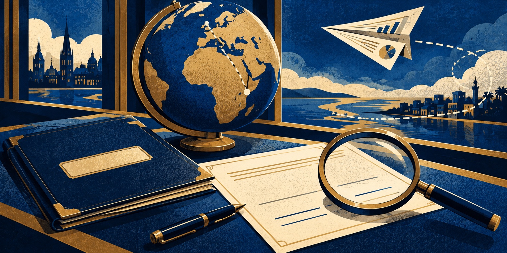 Symbolic illustration of a globe, blank contract and magnifying glass representing questions about proposed cross-border business