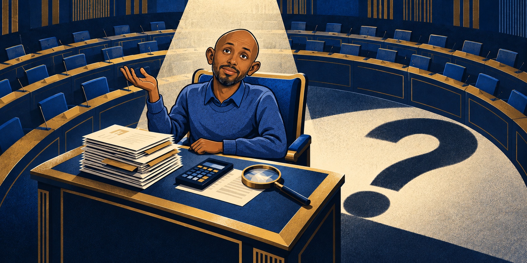 Cartoon of Mohamed Ali seated behind a desk with paperwork and a calculator, with a question-mark shadow in a stylized parliament chamber