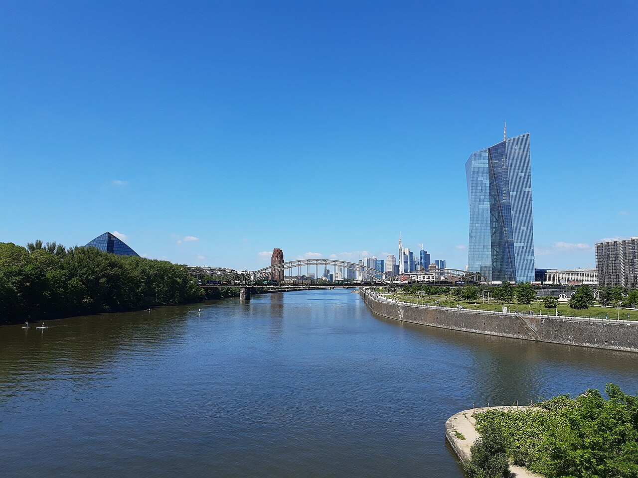 European Central Bank building and Frankfurt skyline viewed across the Main in 2021