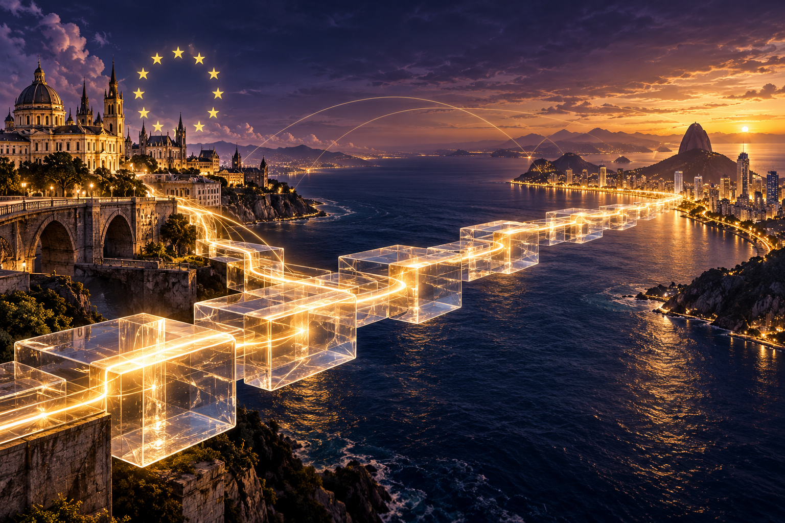 Conceptual bridge of transparent ledger blocks connecting Europe and South America