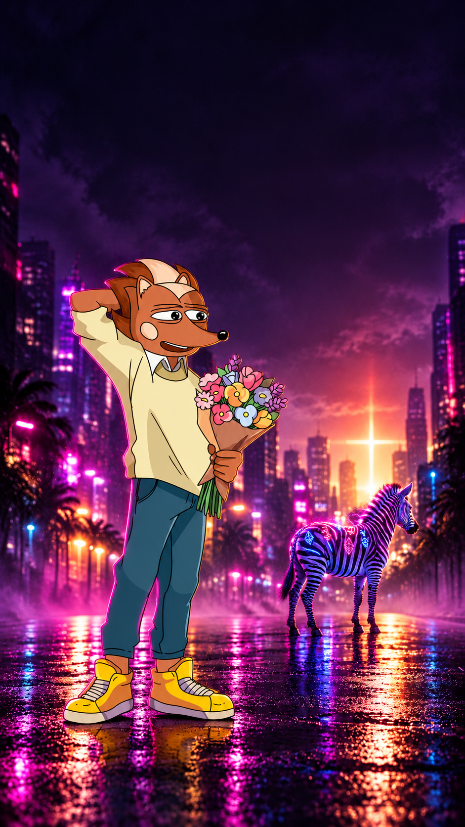 Fan artwork of Hege holding flowers beside Zeebra in a violet city