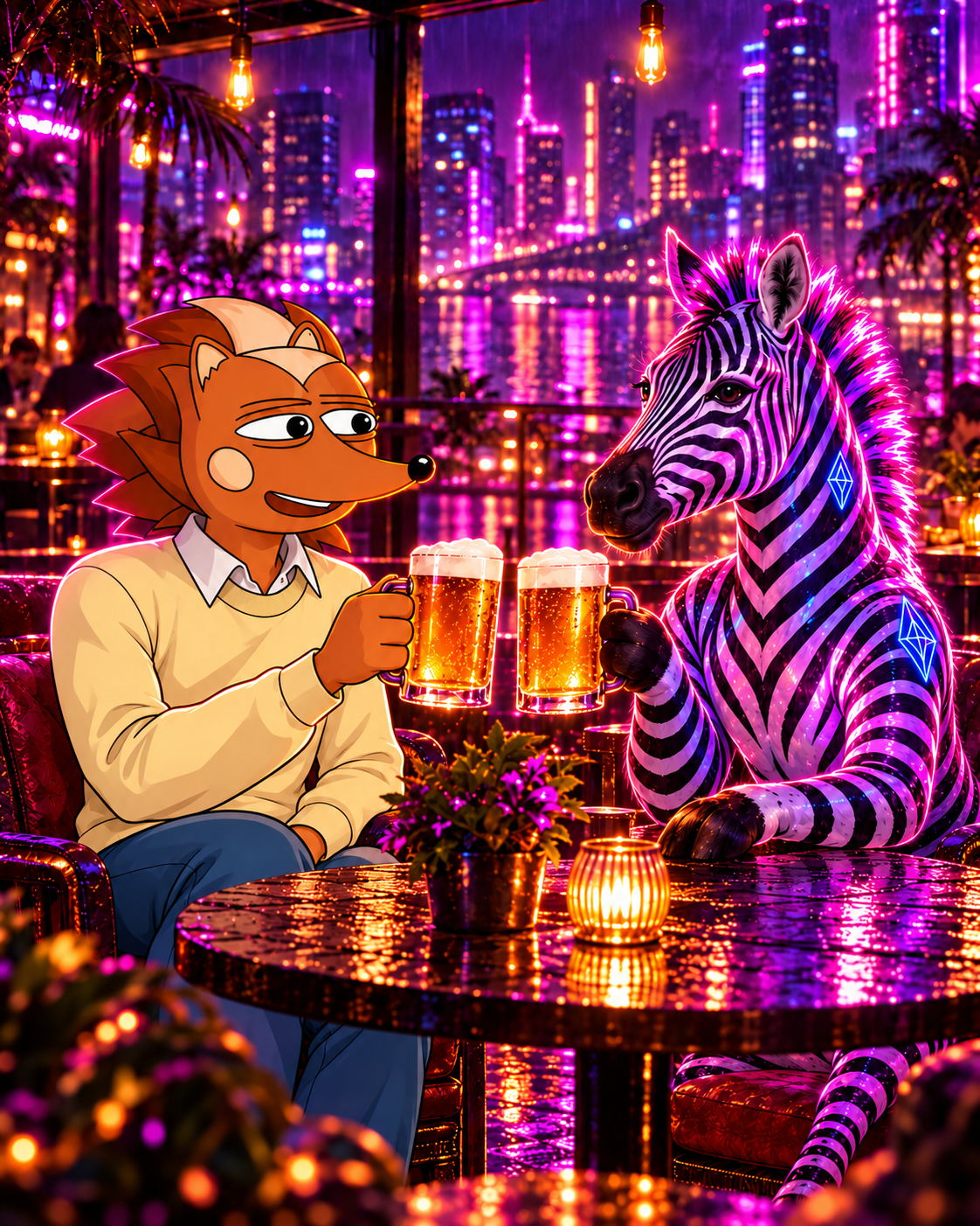 Hege and SweZeebra’s neon violet zebra holding beer mugs together in a warmly lit city bar