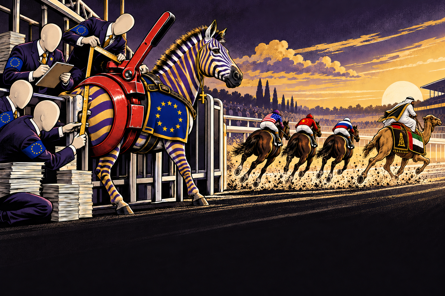 Fictional political cartoon: a European zebra with EU stars and a cross is held at the starting gate by EU officials while US, Chinese and Russian riders and an Emirati oil magnate race ahead.