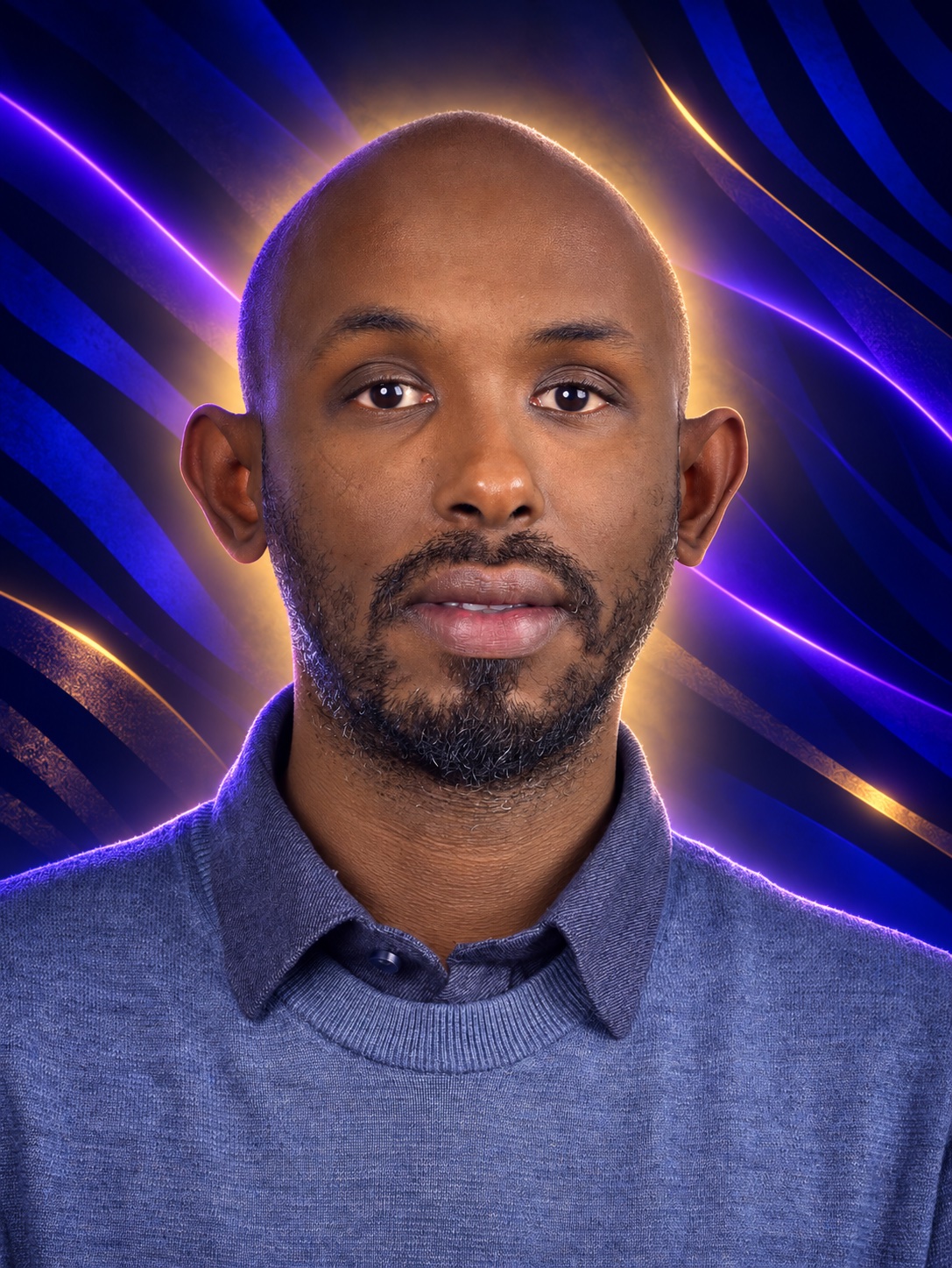 Stylized editorial portrait of Mohamed Ali with violet and blue neon background