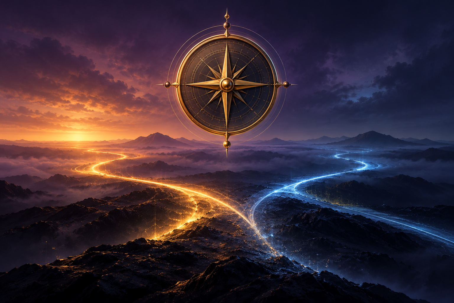 Gold compass above two branching paths of light