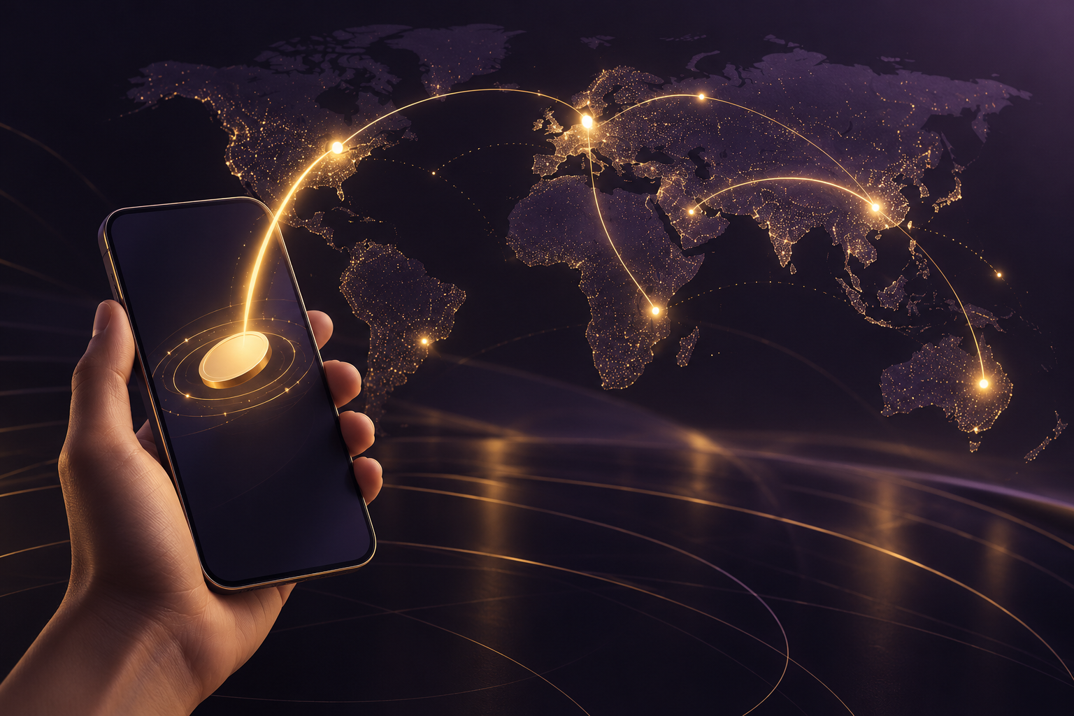 Generic phone and luminous paths across a world map