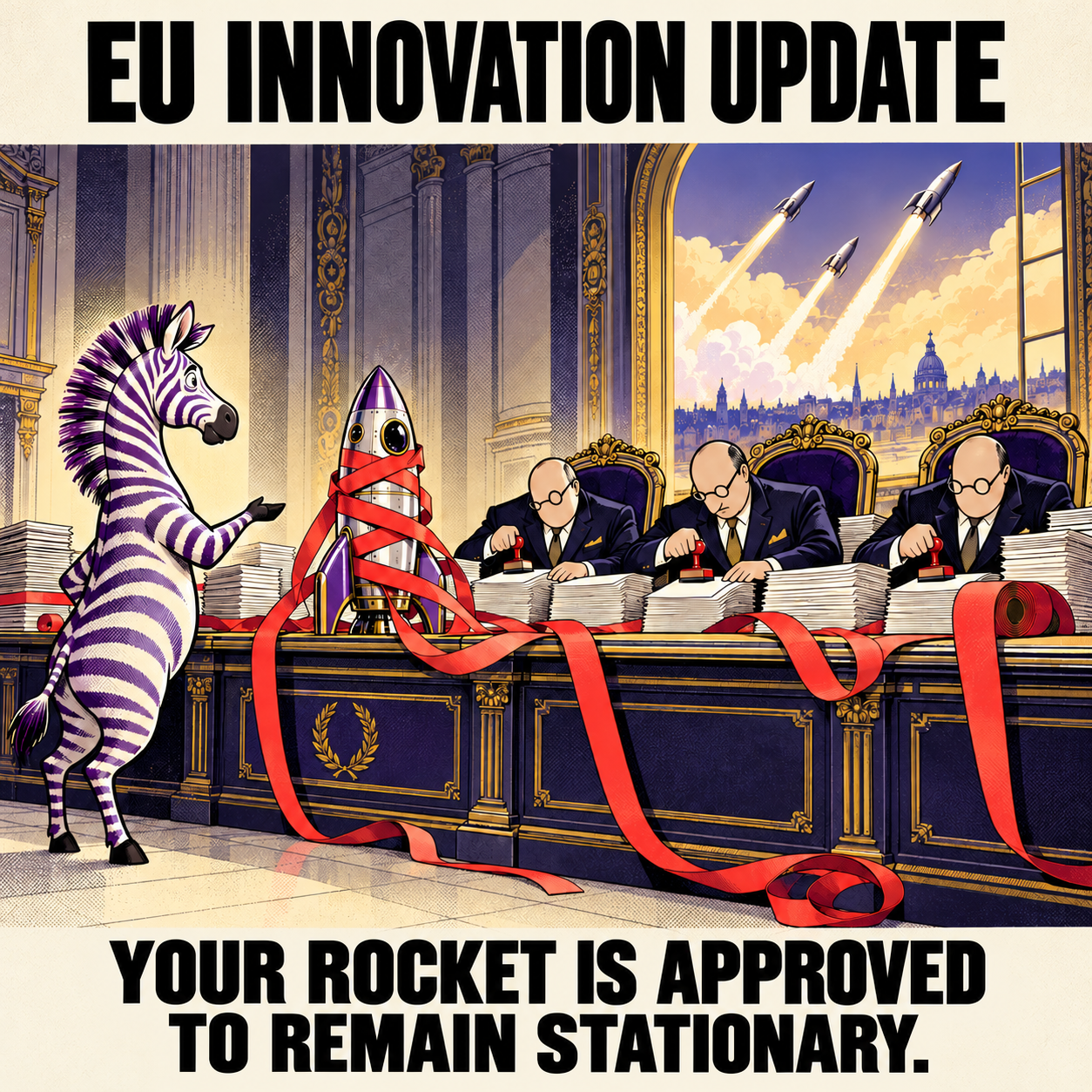 Satirical approval notice: your rocket is approved to remain stationary