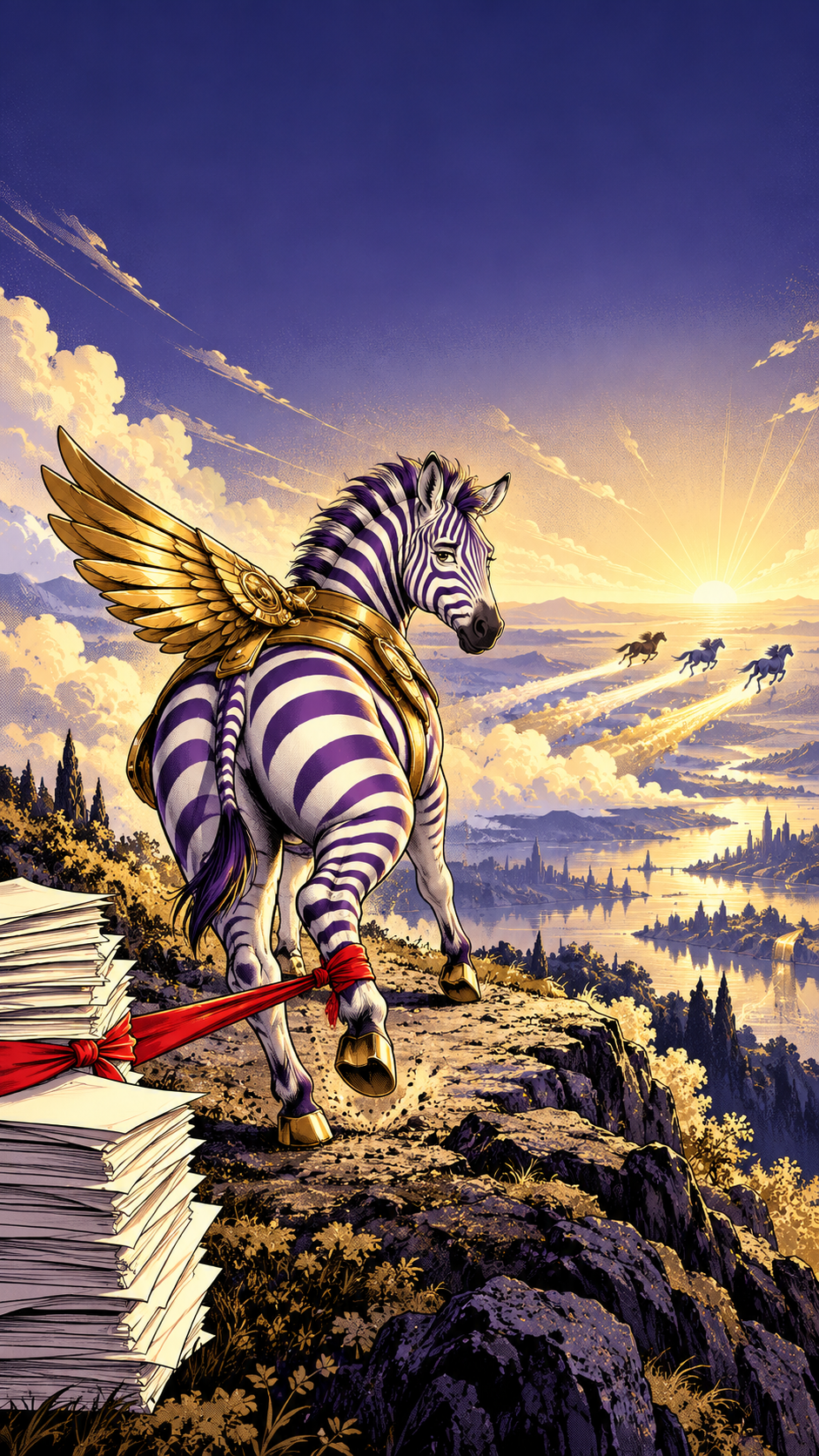 Winged violet zebra loosely tethered by red tape as three horses race ahead