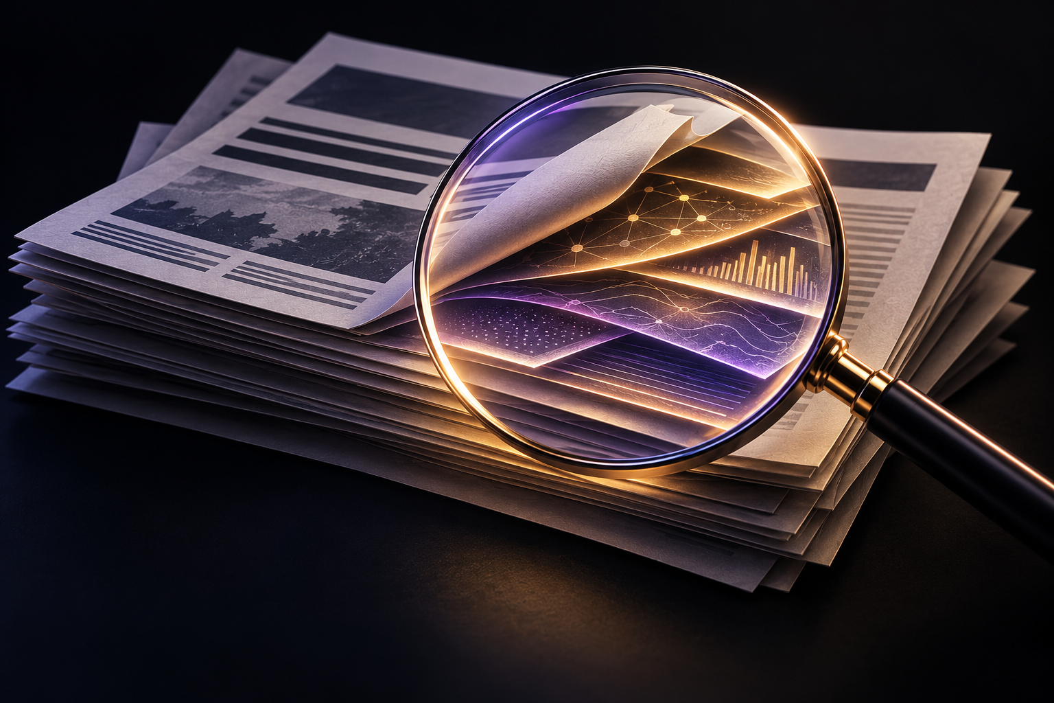 Magnifying glass revealing layers of information in documents