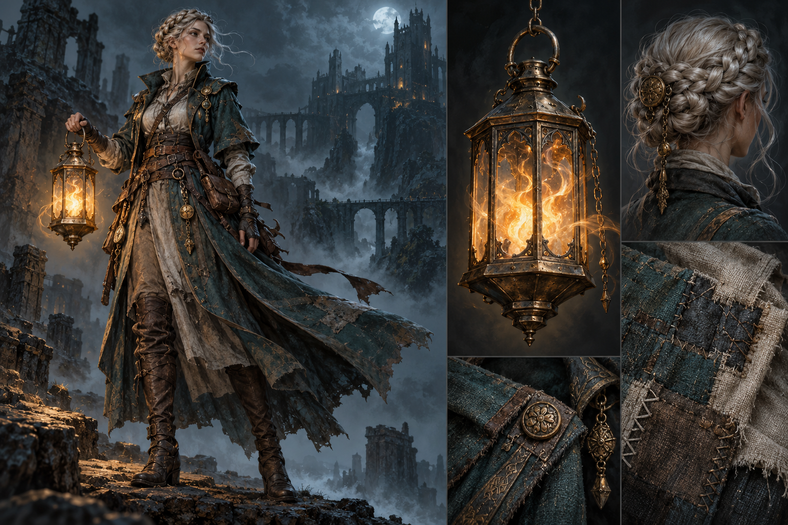 Wickkeeper concept with silver braided hair, a teal coat and a brass lantern.